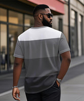 Men's Plus Size Gray Striped Geometric Print Henry Collar Button Short Sleeve T-shirt